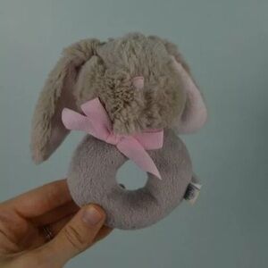 Pottery Barn Kids Bunny Rabbit Plush Stuffed Animal Toy Ring Rattle Pink Bow Tan